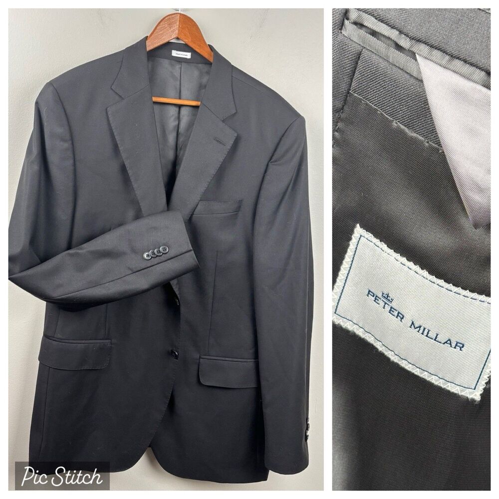 Peter Millar Suit Jacket Sport Coat Blazer 44T Solid Black 100% Wool - Very Nice